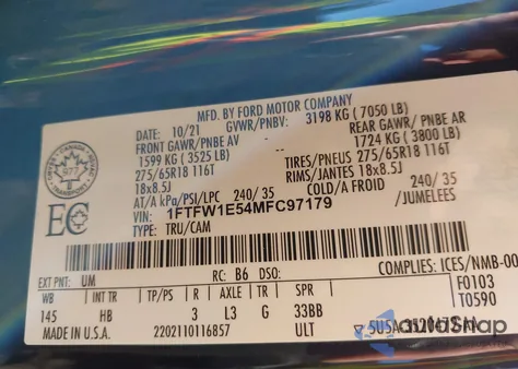 2021 Ford F-150 Lariat from USA, damaged, VIN 1FTFW1E54MFC97179